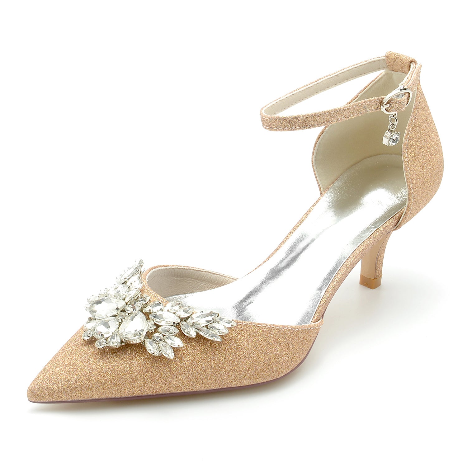 Bridal Shoes for Women with Glitter Rhinestones Mid Heel and Buckle Detail