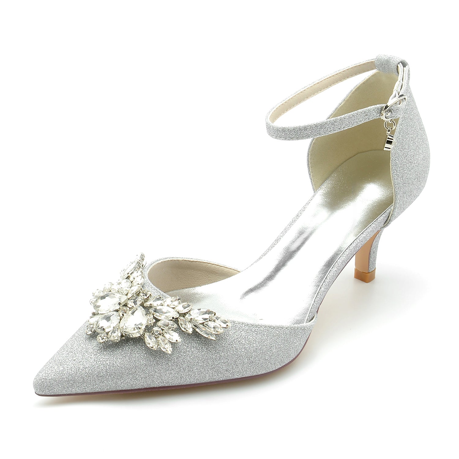Bridal Shoes for Women with Glitter Rhinestones Mid Heel and Buckle Detail
