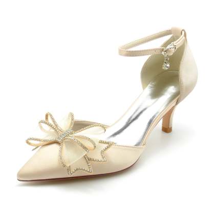 Bridal Shoes for Women with Silk Satin Bow and Buckle Mid Closed Toe