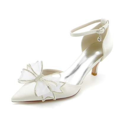Bridal Shoes for Women with Silk Satin Bow and Buckle Mid Closed Toe