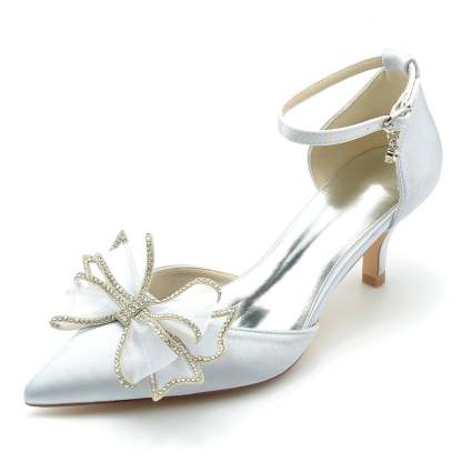 Bridal Shoes for Women with Silk Satin Bow and Buckle Mid Closed Toe