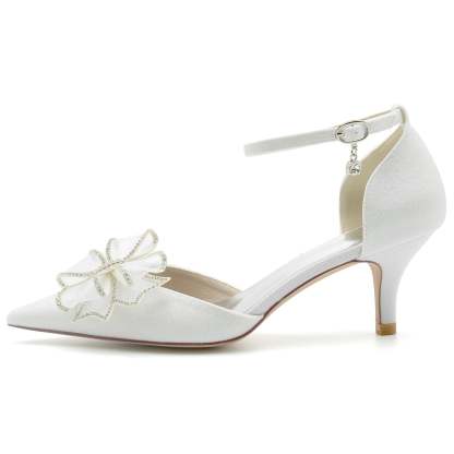 Bridal Shoes for Women with Glitter Bow and Buckle Closed Toe