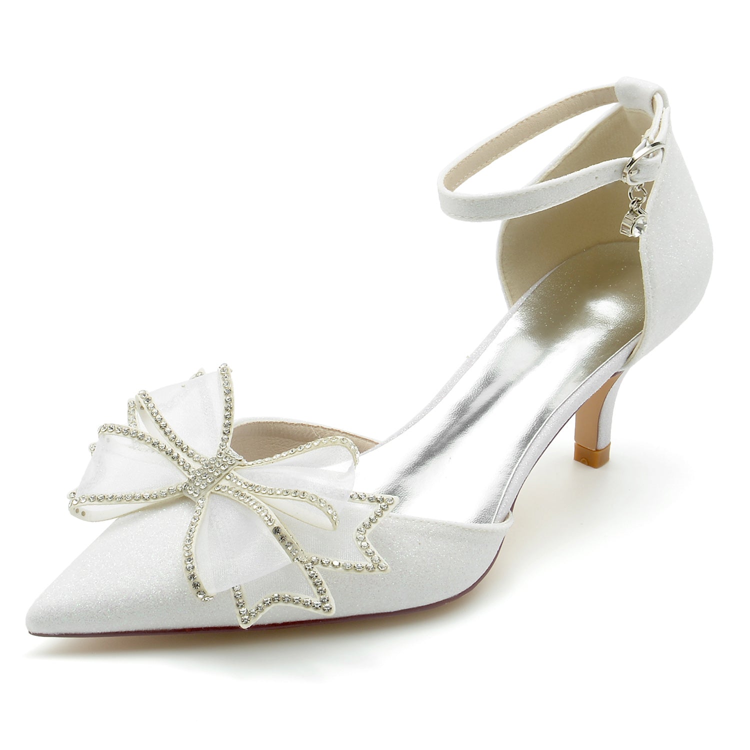 Bridal Shoes for Women with Glitter Bow and Buckle Closed Toe
