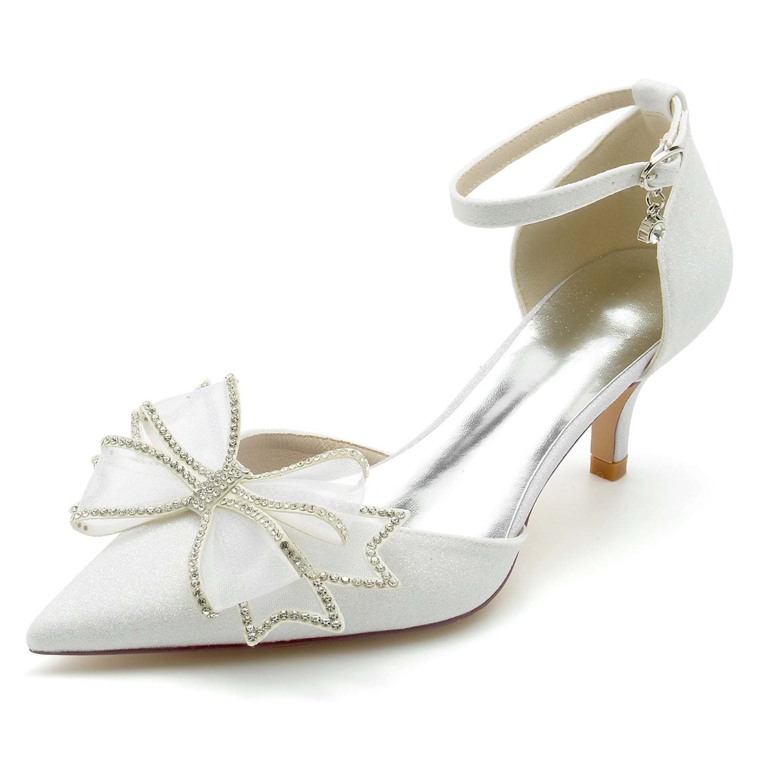 Bridal Shoes for Women with Glitter Bow and Buckle Closed Toe