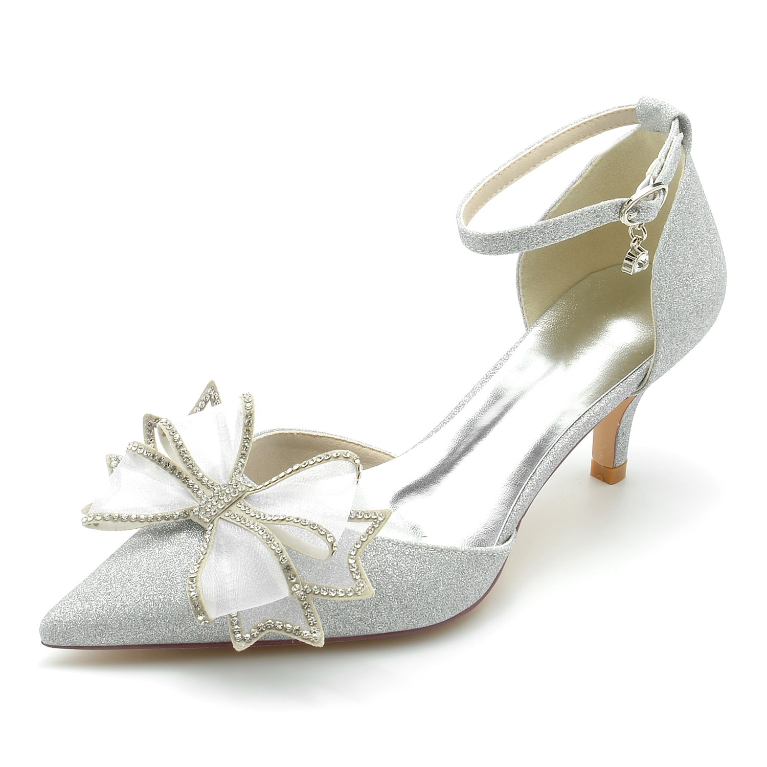 Bridal Shoes for Women with Glitter Bow and Buckle Closed Toe