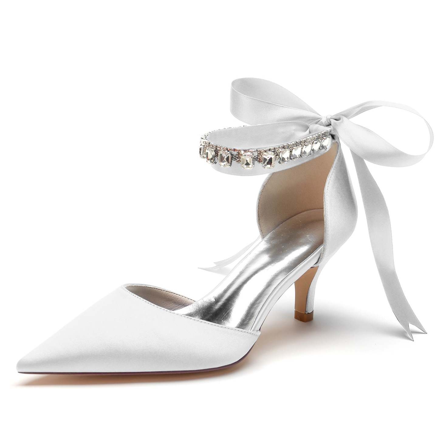 Bridal Shoes for Women with Rhinestone Buckle and Pointed Toe Mid Heel