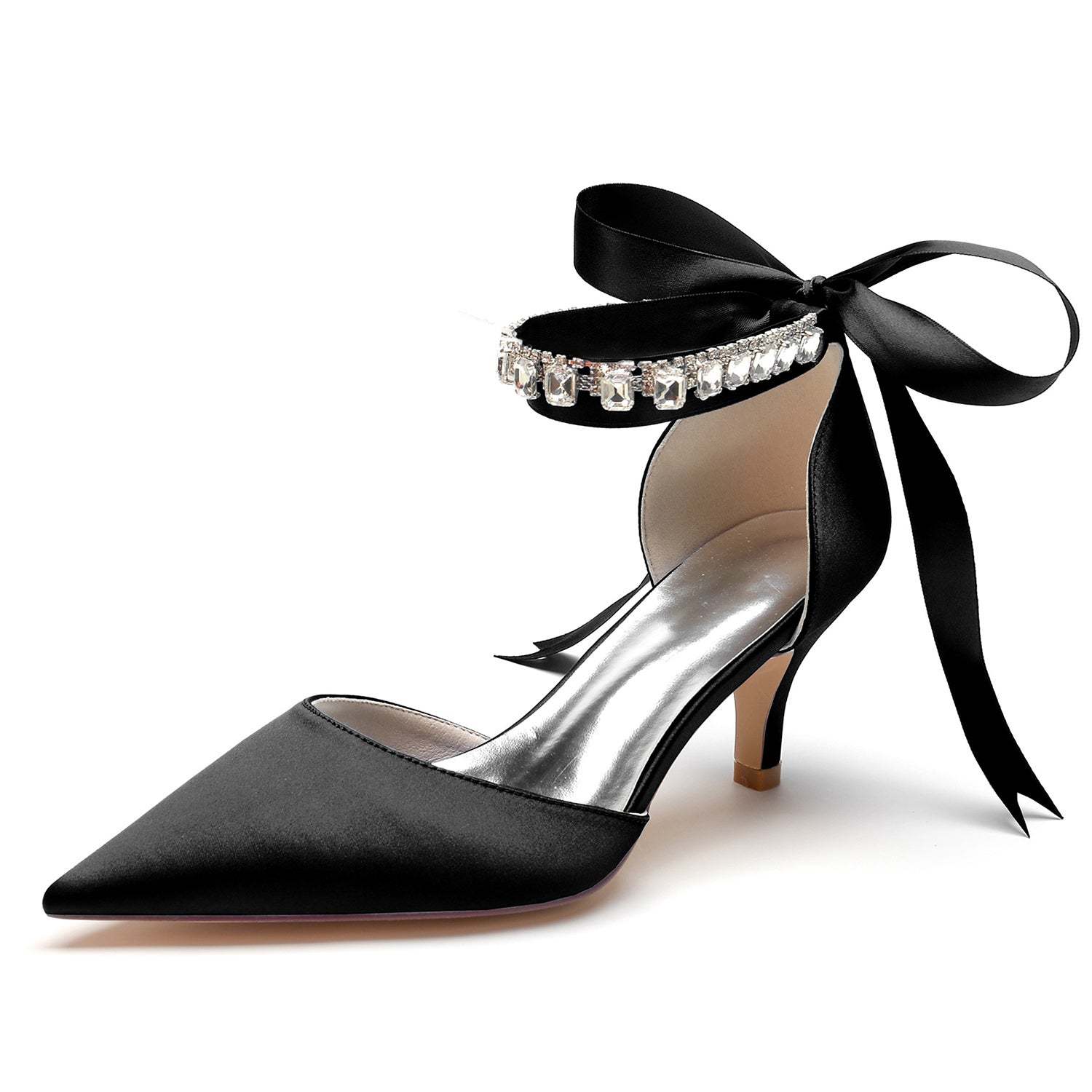 Bridal Shoes for Women with Rhinestone Buckle and Pointed Toe Mid Heel