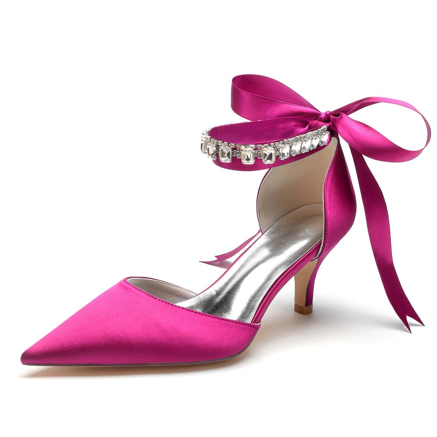 Bridal Shoes for Women with Rhinestone Buckle and Pointed Toe Mid Heel
