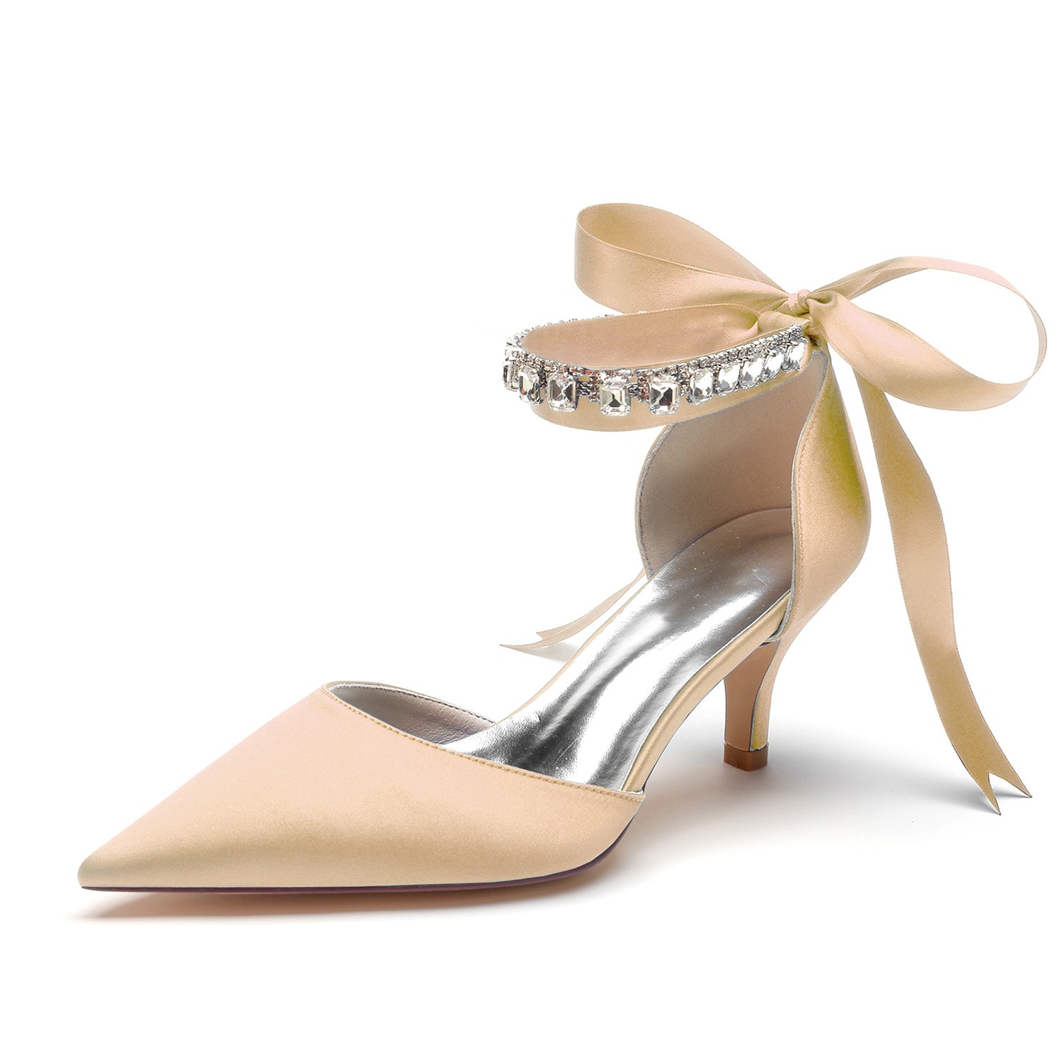 Bridal Shoes for Women with Rhinestone Buckle and Pointed Toe Mid Heel