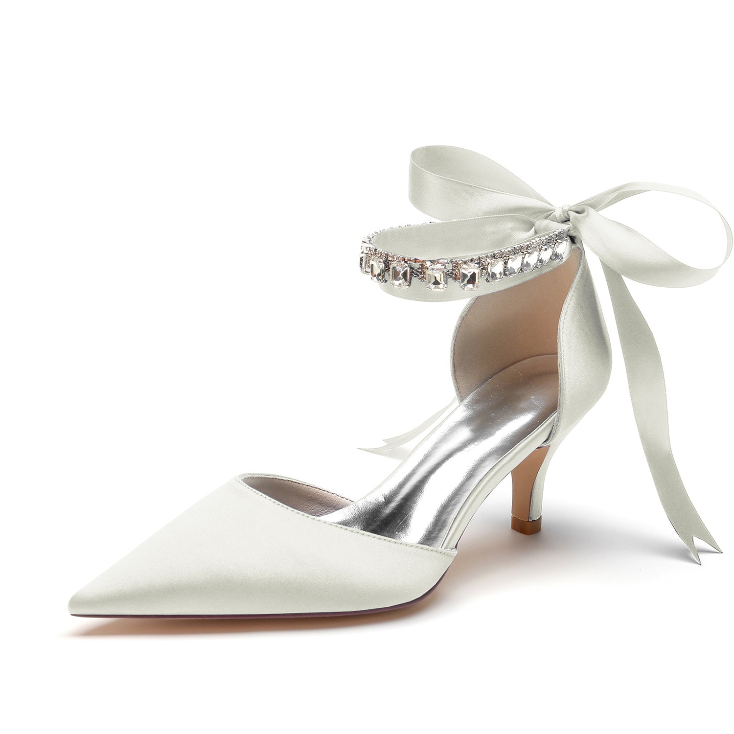 Bridal Shoes for Women with Rhinestone Bow Buckle Pointed Toe and Mid Heel