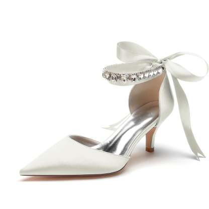 Bridal Shoes for Women with Rhinestone Bow Buckle Pointed Toe and Mid Heel