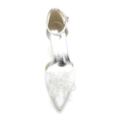 Bridal Shoes for Women with Rhinestone Flower and Silk Satin Mid Heel