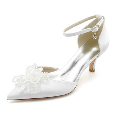 Bridal Shoes for Women with Rhinestone Flower and Silk Satin Mid Heel