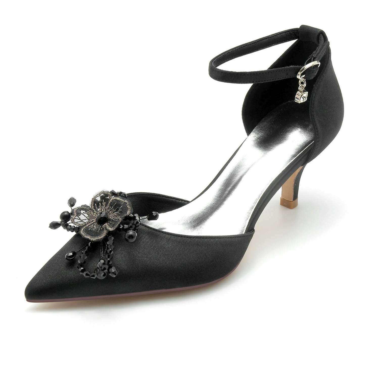 Bridal Shoes for Women with Rhinestone Flower and Silk Satin Mid Heel