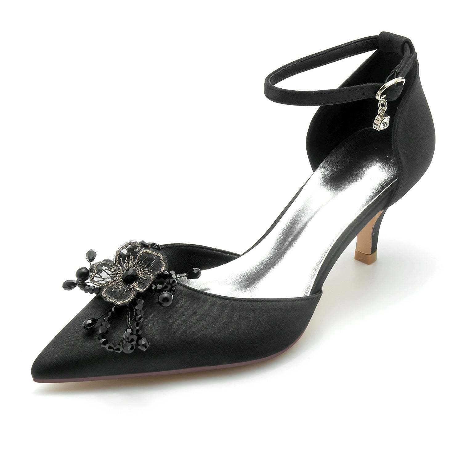 Bridal Shoes for Women with Rhinestone Flower and Silk Satin Mid Heel