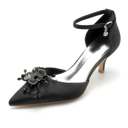 Bridal Shoes for Women with Rhinestone Flower and Silk Satin Mid Heel