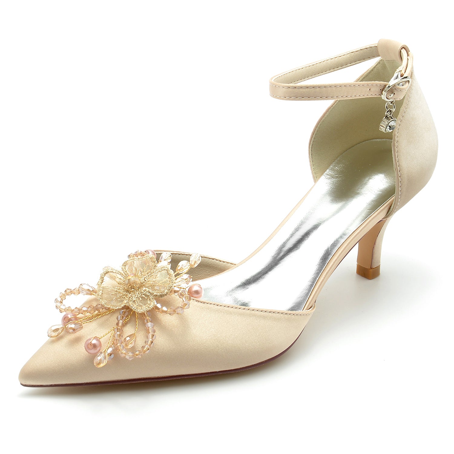Bridal Shoes for Women with Rhinestone Flower and Silk Satin Mid Heel