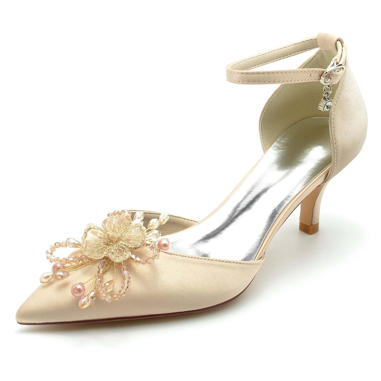 Bridal Shoes for Women with Rhinestone Flower and Silk Satin Mid Heel