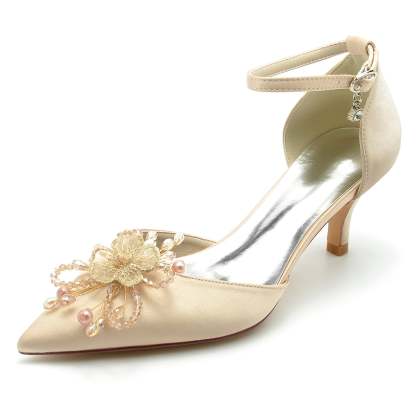 Bridal Shoes for Women with Rhinestone Flower and Silk Satin Mid Heel