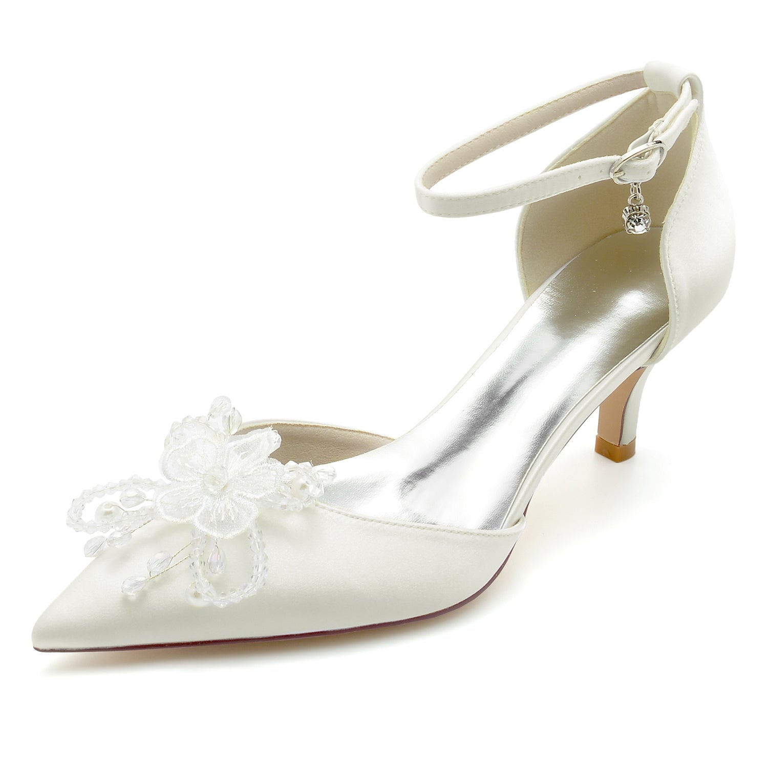 Bridal Shoes for Women with Rhinestone Flower and Silk Satin Mid Heel