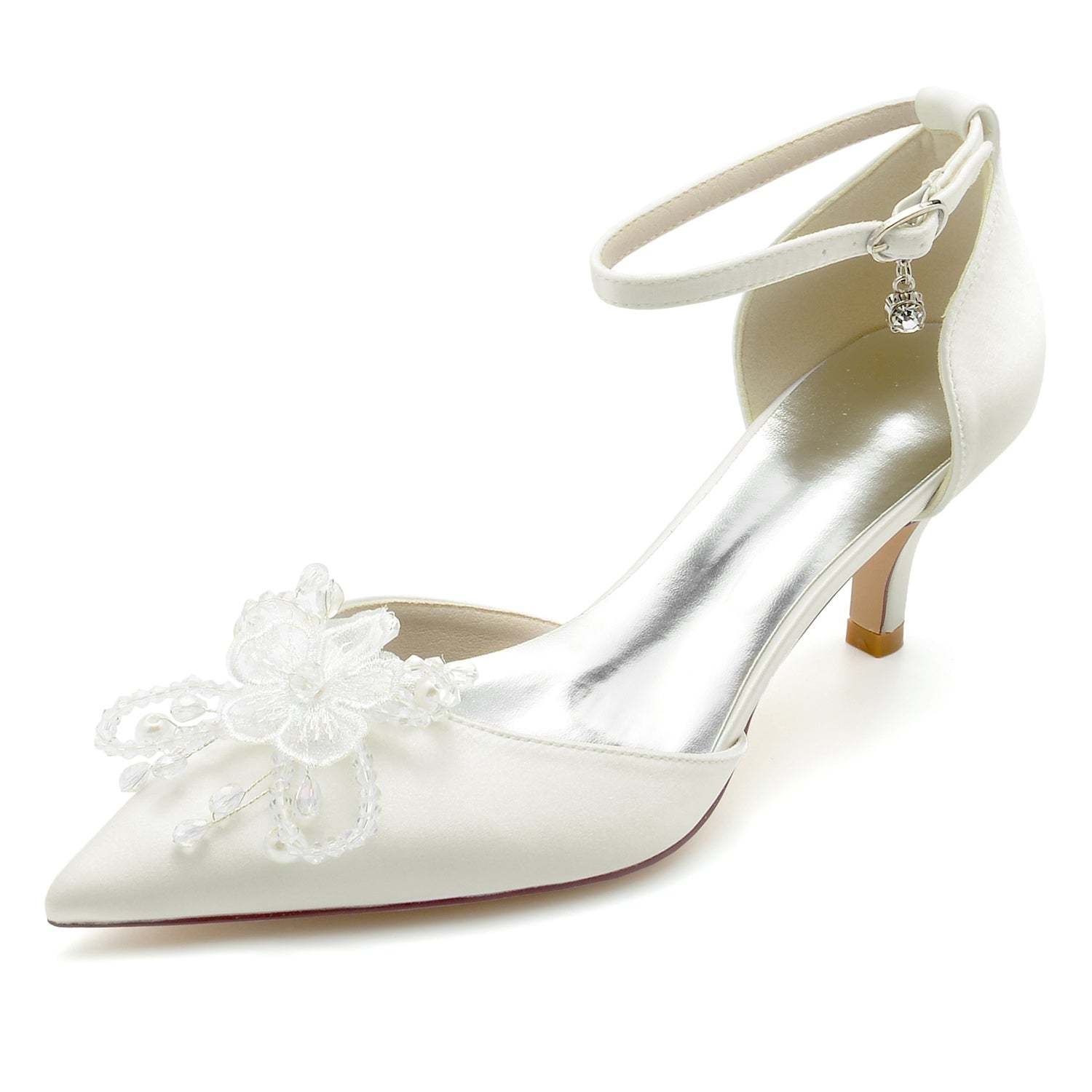 Bridal Shoes for Women with Rhinestone Flower and Silk Satin Mid Heel