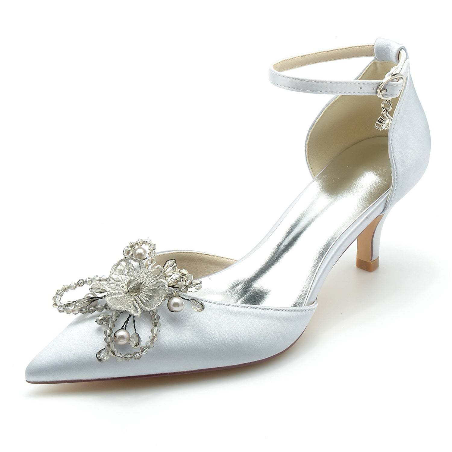 Bridal Shoes for Women with Rhinestone Flower and Silk Satin Mid Heel