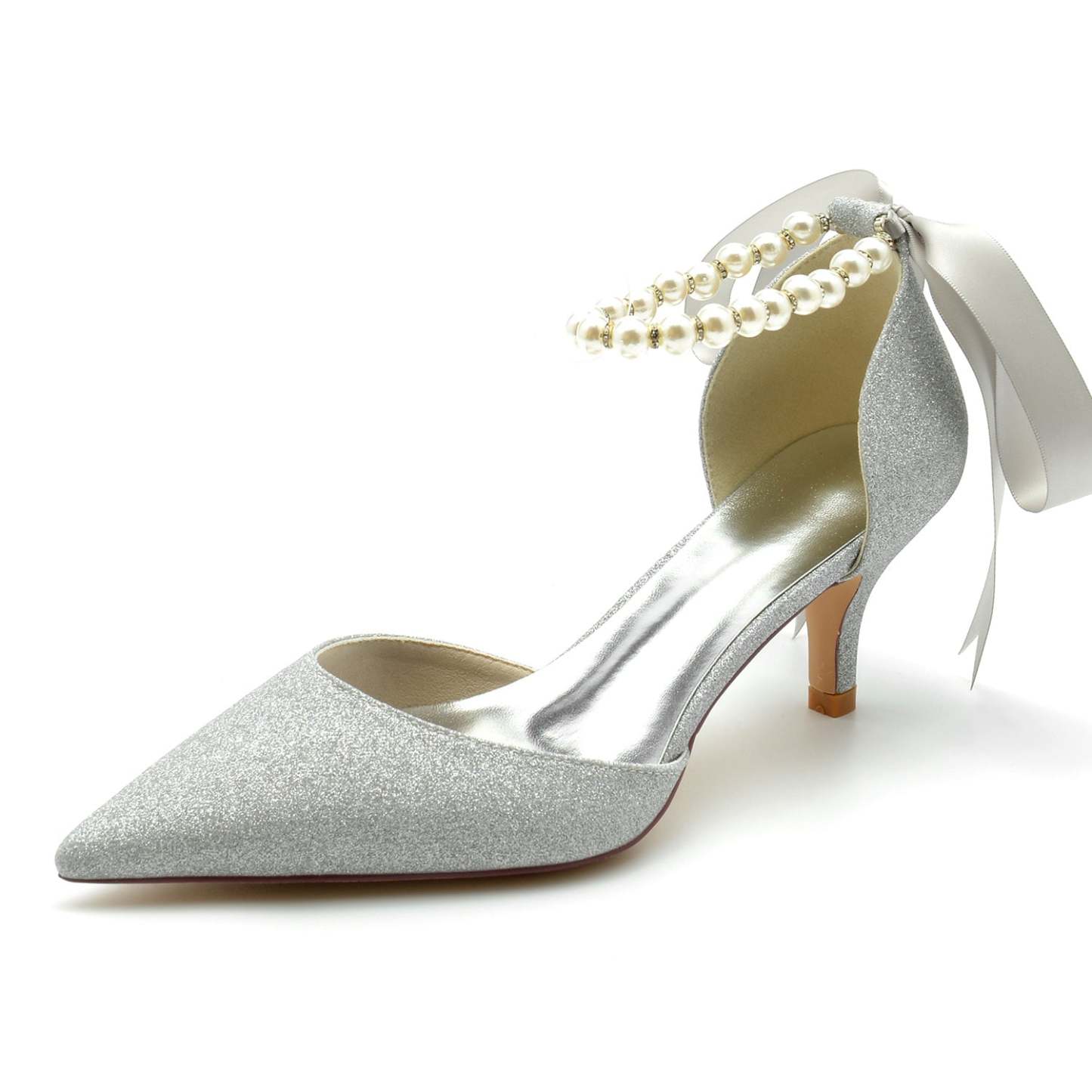 Pearl Glitter Bridal Shoes for Women with Pointed Toe and Mid Heel Bow