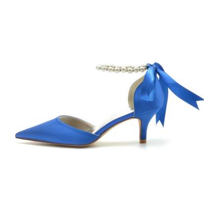 Bridal Shoes for Women with Pearl Bow and Mid Heel in Silk Satin