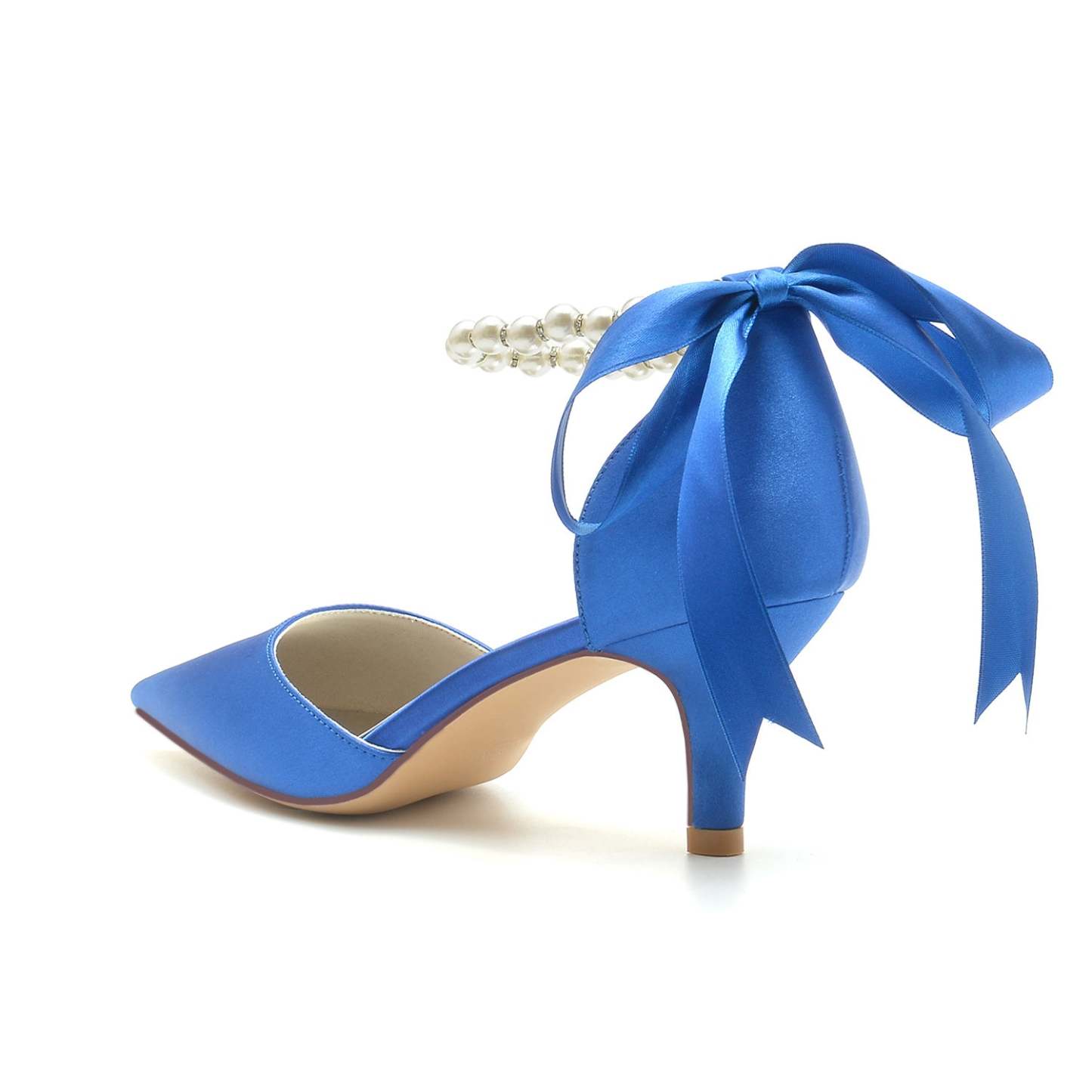 Bridal Shoes for Women with Pearl Bow and Mid Heel in Silk Satin
