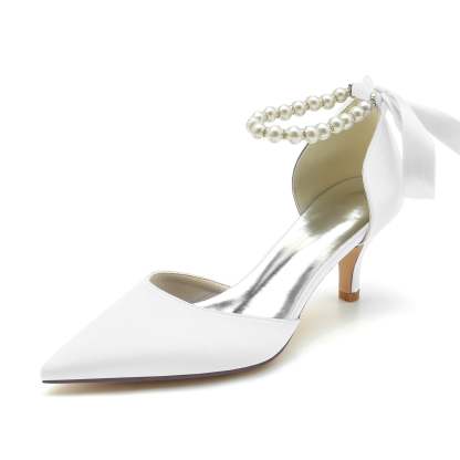 Bridal Shoes for Women with Pearl Bow and Mid Heel in Silk Satin