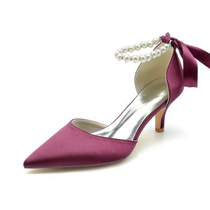 Bridal Shoes for Women with Pearl Bow and Mid Heel in Silk Satin
