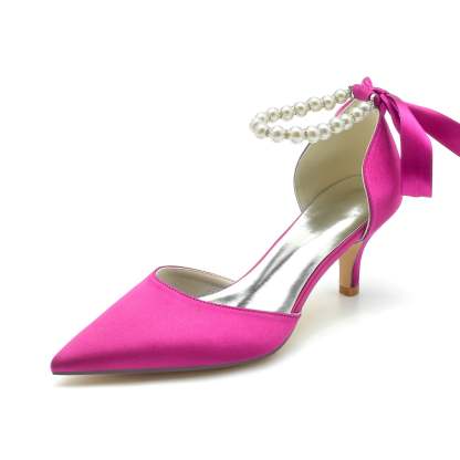 Bridal Shoes for Women with Pearl Bow and Mid Heel in Silk Satin