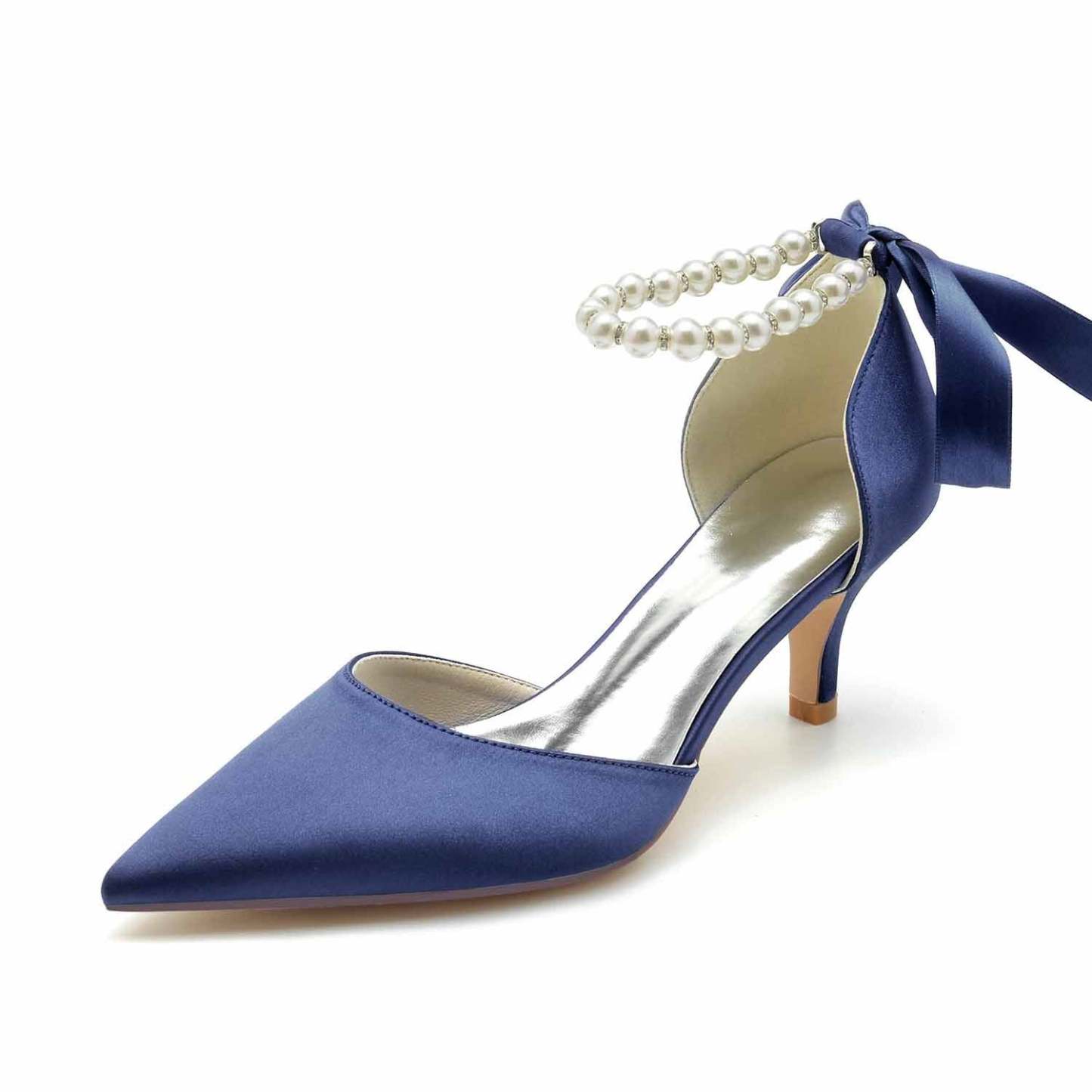 Bridal Shoes for Women with Pearl Bow and Mid Heel in Silk Satin