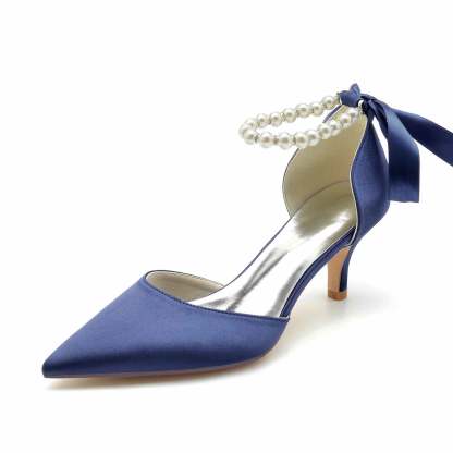 Bridal Shoes for Women with Pearl Bow and Mid Heel in Silk Satin