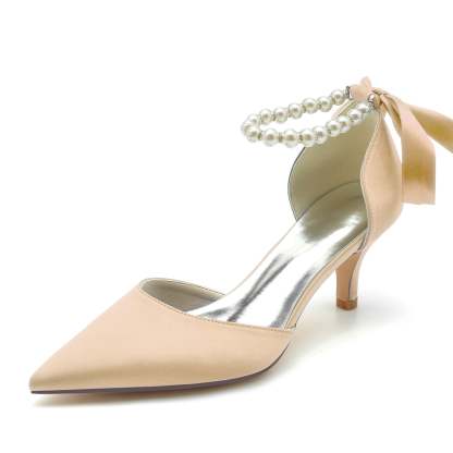 Bridal Shoes for Women with Pearl Bow and Mid Heel in Silk Satin