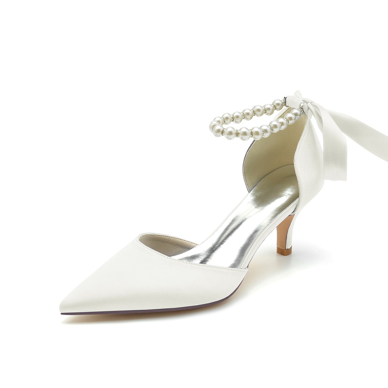 Bridal Shoes for Women with Pearl Bow and Mid Heel in Silk Satin
