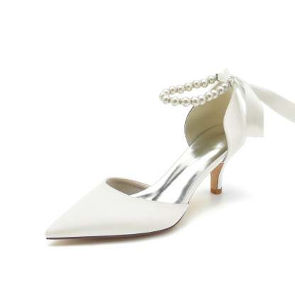 Bridal Shoes for Women with Pearl Bow and Mid Heel in Silk Satin