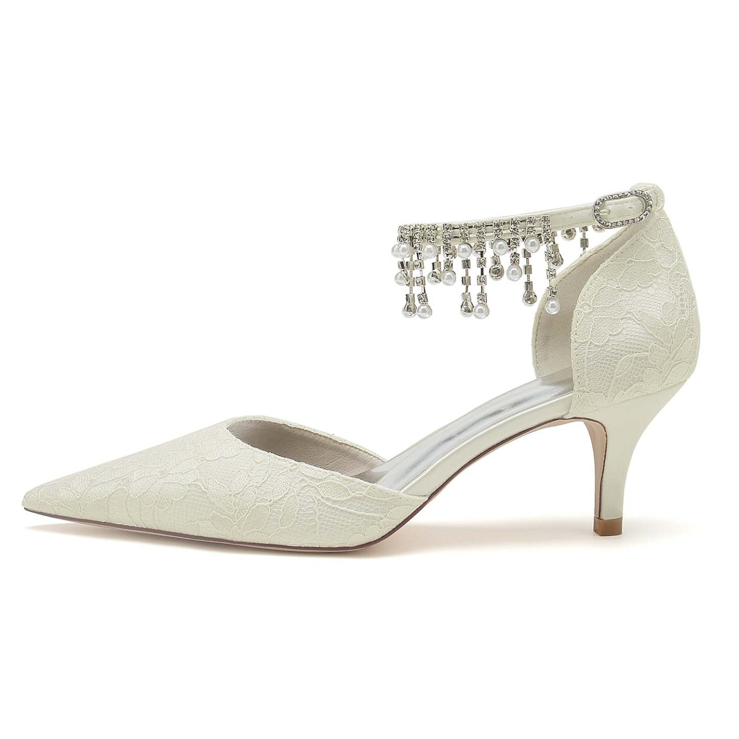 Bridal Shoes for Women with Lace Pearl and Buckle Detail - Mid Heel Pointed Toe