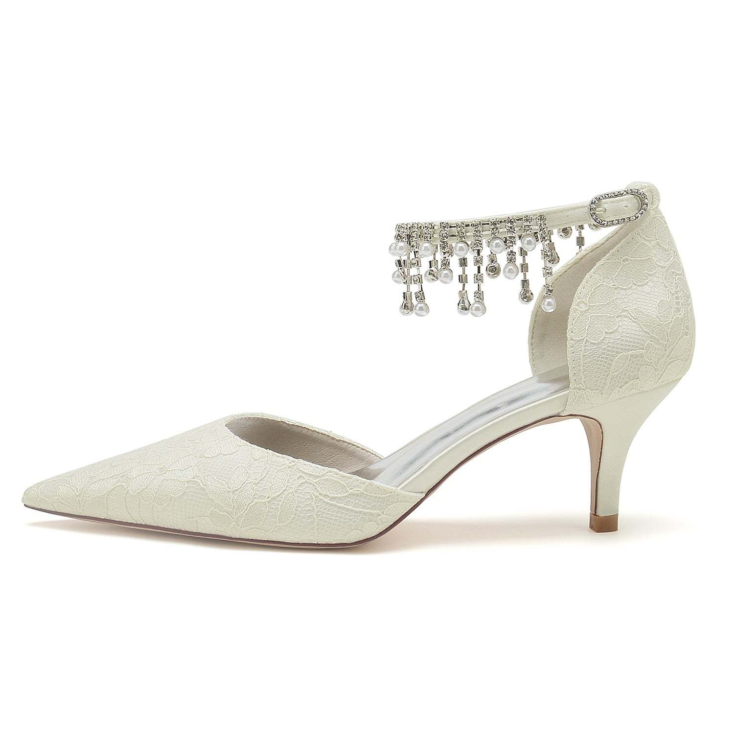 Bridal Shoes for Women with Lace Pearl and Buckle Detail - Mid Heel Pointed Toe
