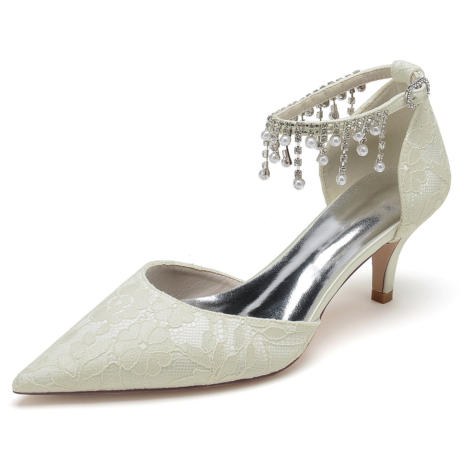 Bridal Shoes for Women with Lace Pearl and Buckle Detail - Mid Heel Pointed Toe