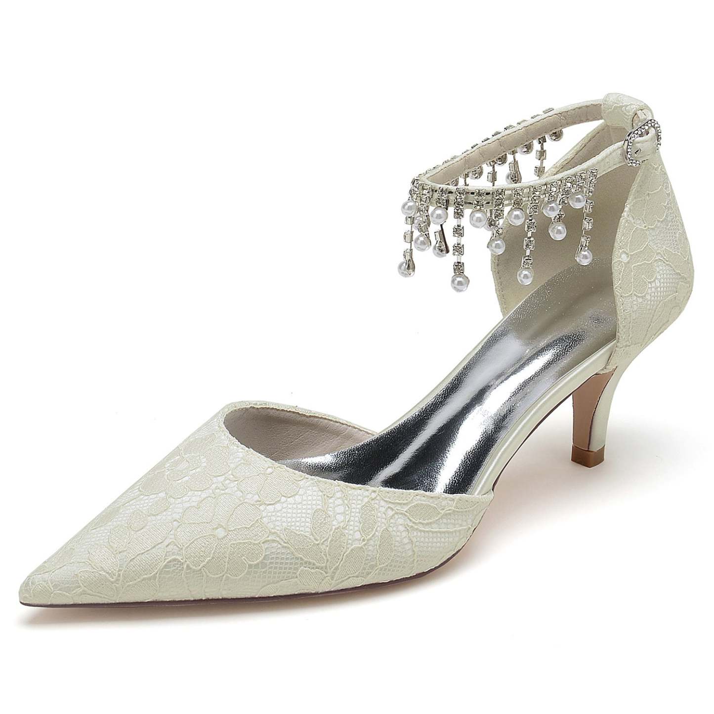 Bridal Shoes for Women with Lace Pearl and Buckle Detail - Mid Heel Pointed Toe