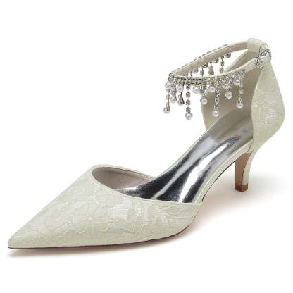 Bridal Shoes for Women with Lace Pearl and Buckle Detail - Mid Heel Pointed Toe