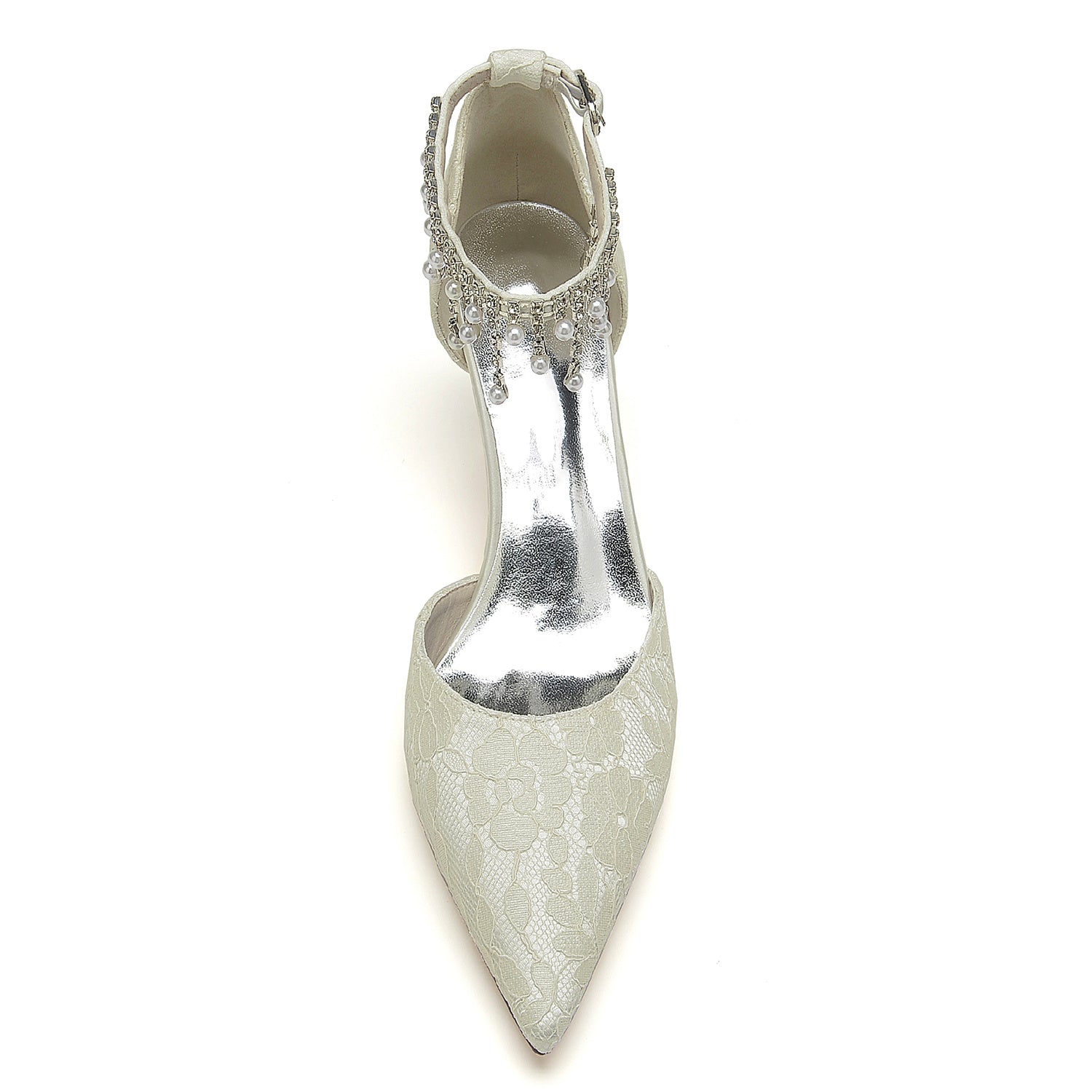 Bridal Shoes for Women with Lace Pearl and Buckle Detail - Mid Heel Pointed Toe