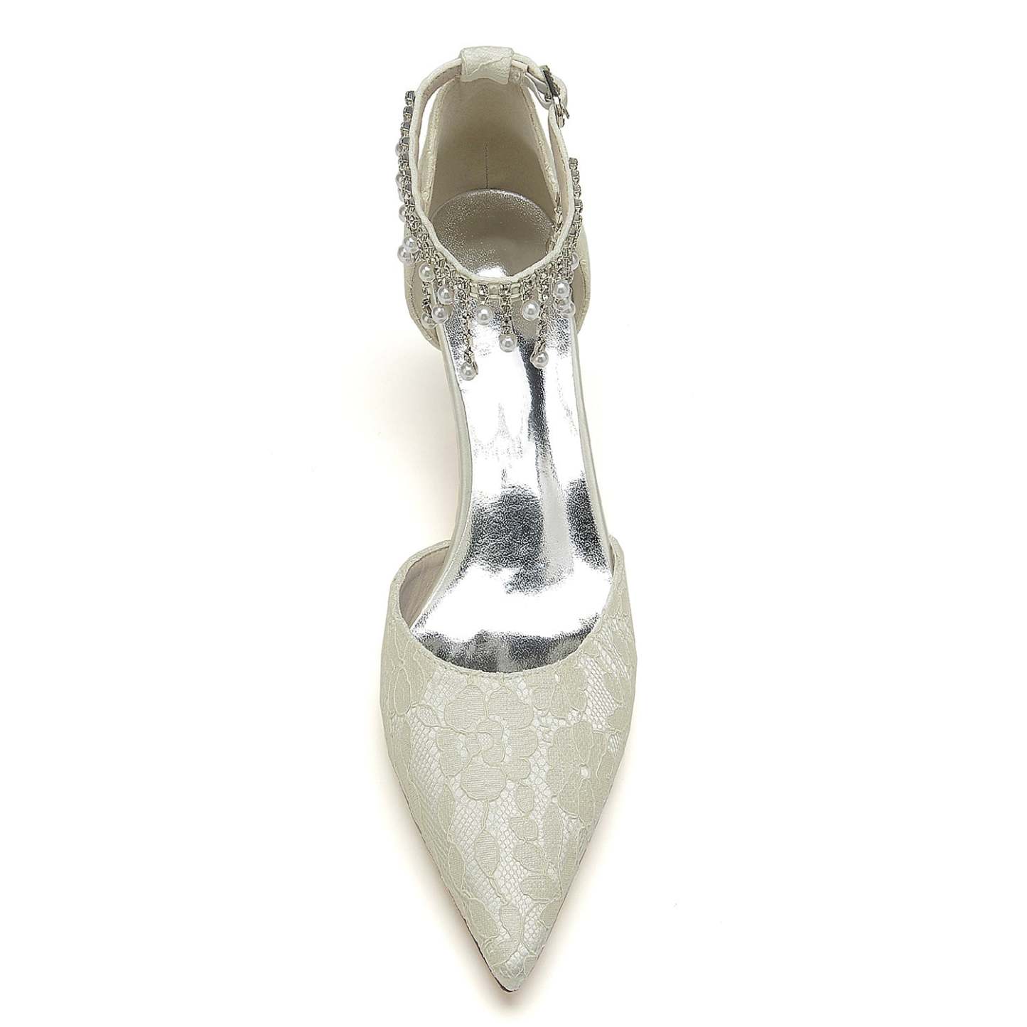 Bridal Shoes for Women with Lace Pearl and Buckle Detail - Mid Heel Pointed Toe