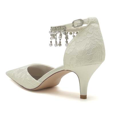 Bridal Shoes for Women with Lace Pearl and Buckle Detail - Mid Heel Pointed Toe