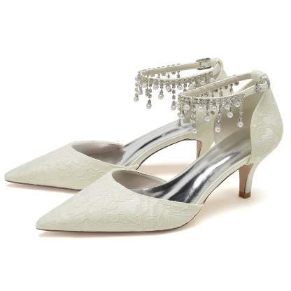 Bridal Shoes for Women with Lace Pearl and Buckle Detail - Mid Heel Pointed Toe