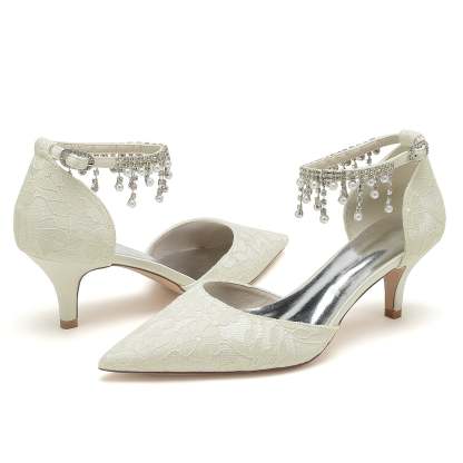 Bridal Shoes for Women with Lace Pearl and Buckle Detail - Mid Heel Pointed Toe