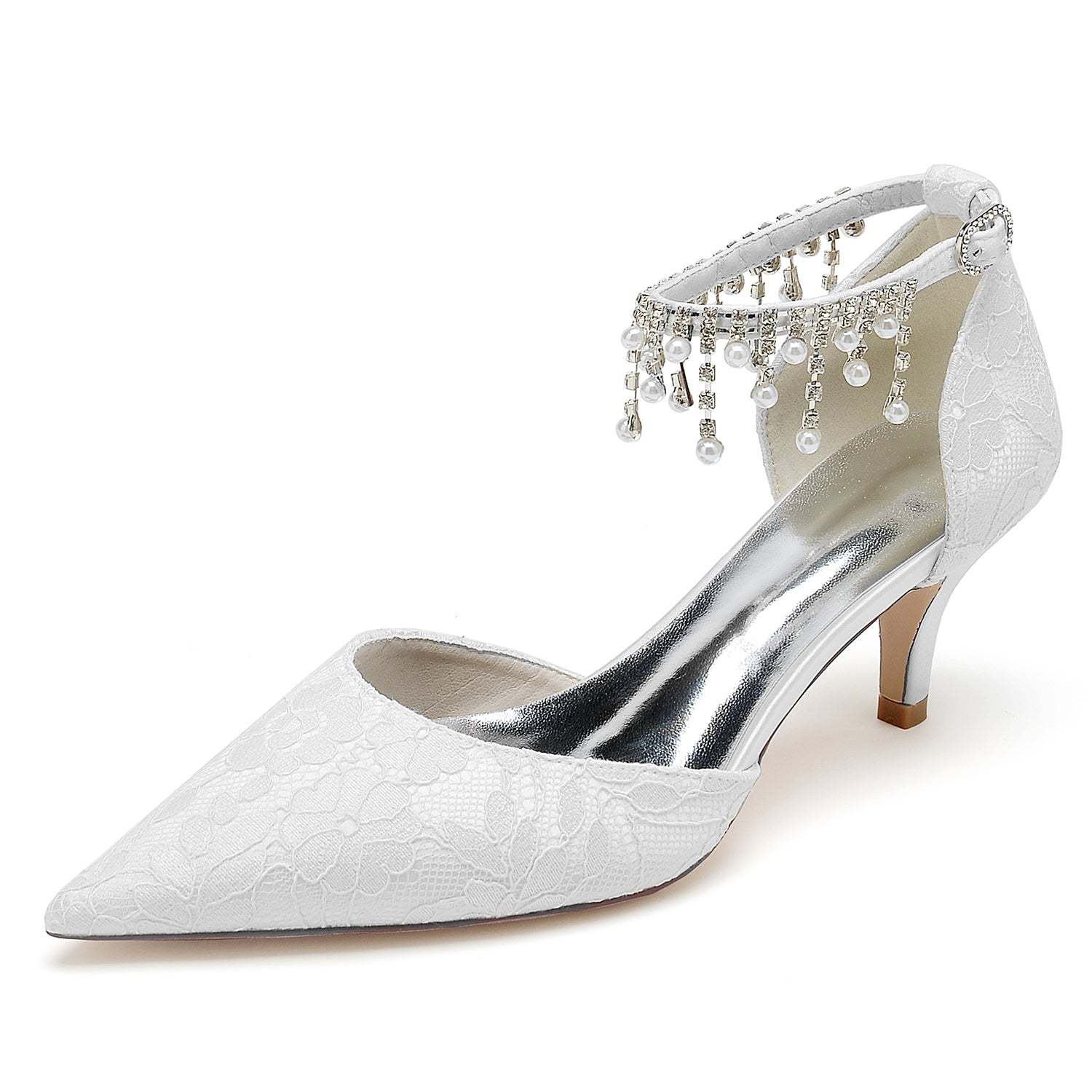 Bridal Shoes for Women with Lace Pearl and Buckle Detail - Mid Heel Pointed Toe
