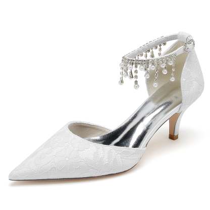 Bridal Shoes for Women with Lace Pearl and Buckle Detail - Mid Heel Pointed Toe