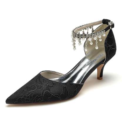 Bridal Shoes for Women with Lace Pearl and Buckle Detail - Mid Heel Pointed Toe